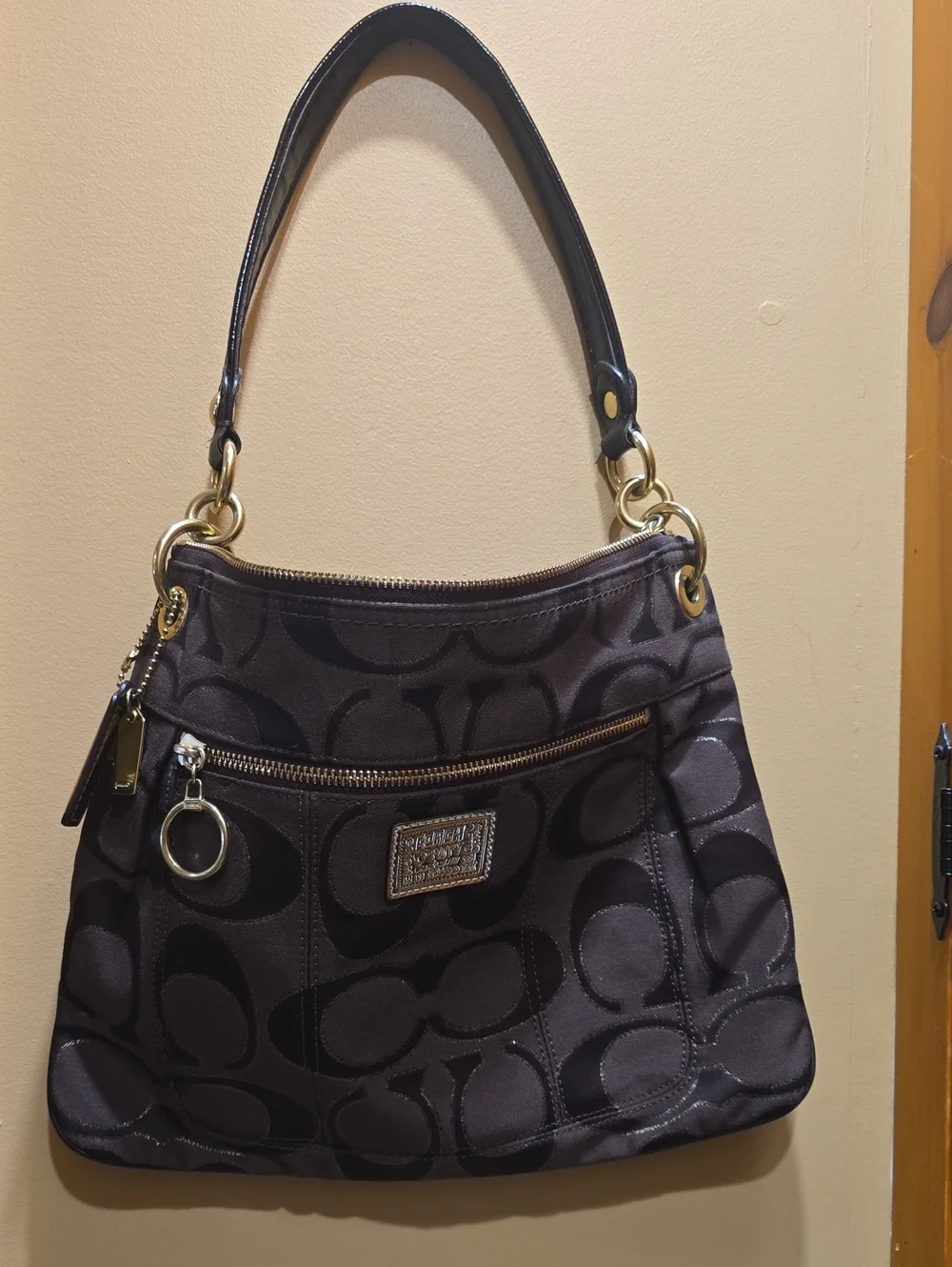 Coach Brown Signature-Print Shoulder Bag with Gold Hardware